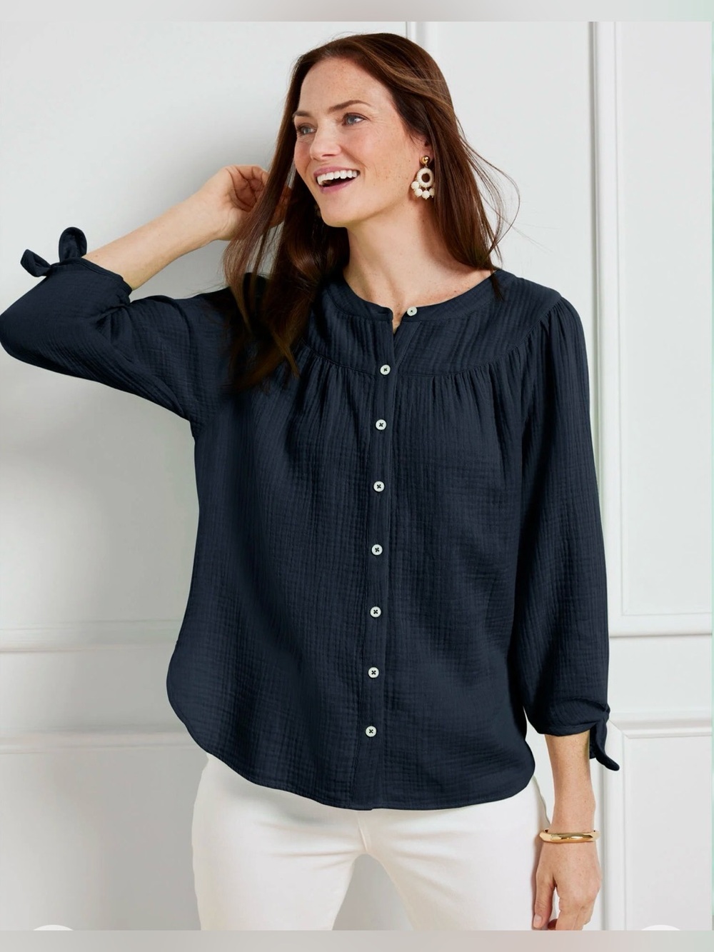 Talbots Airy Gauze Tie-Sleeve Top Navy Size 1XP